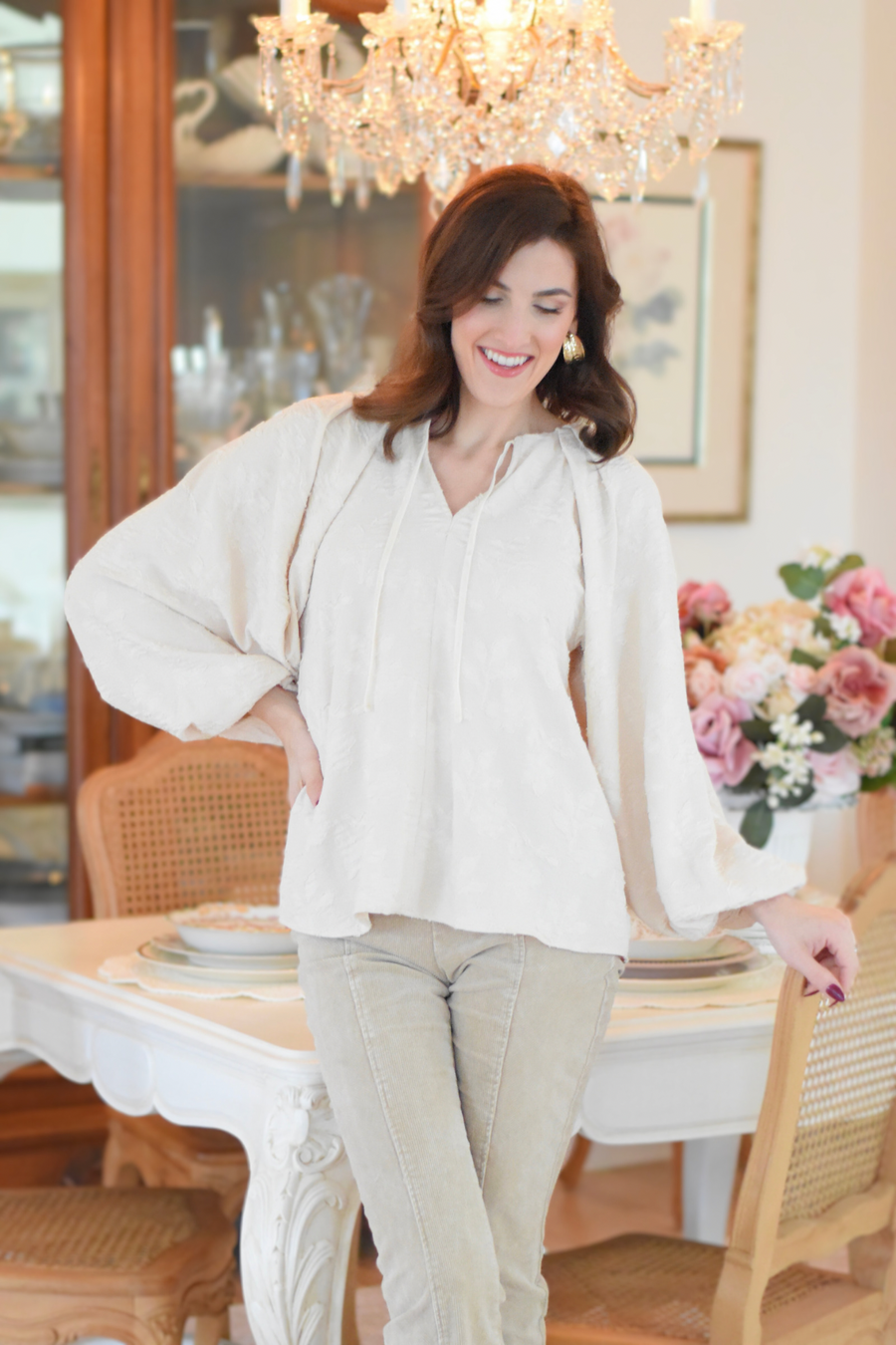 Pleated Shoulder Jacquard Blouse