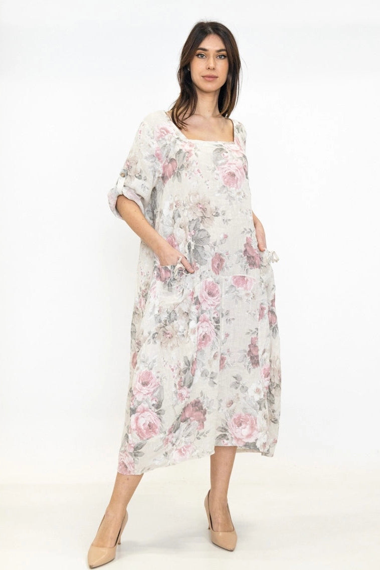 Flowing Floral Linen Dress
