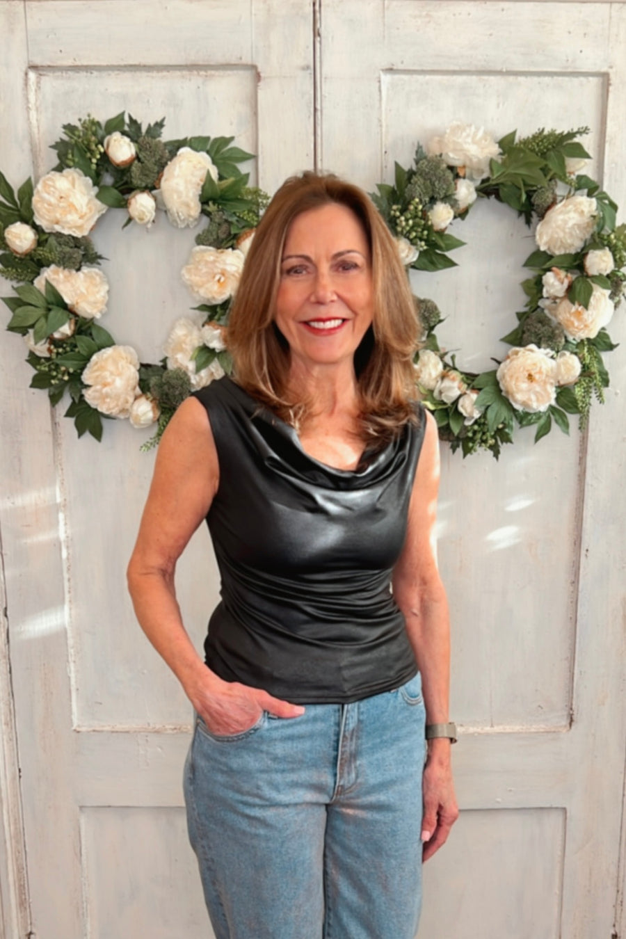 Sleek Black Coated Drape Neck Top