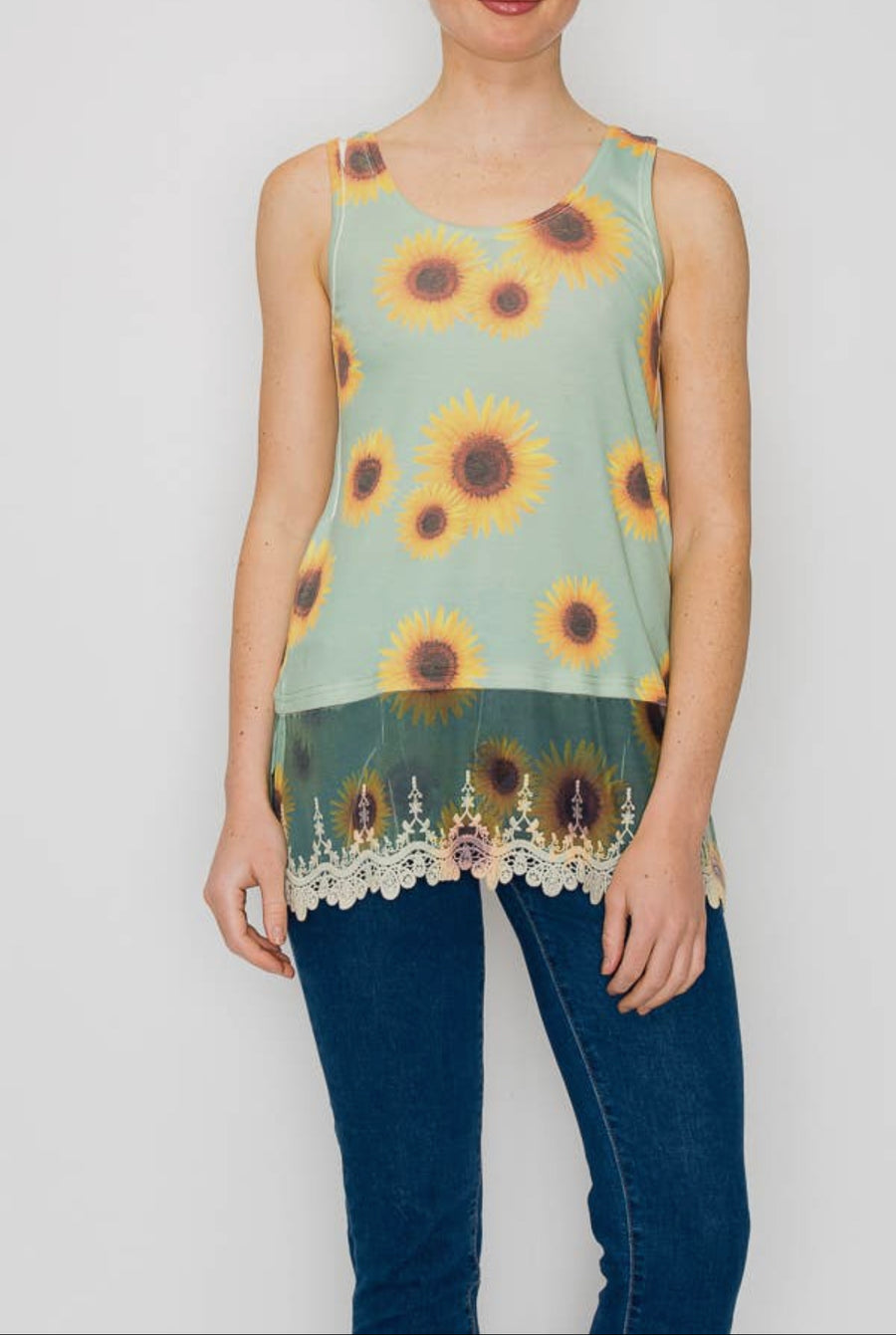 Printed Layering Tank w/Lace Hem