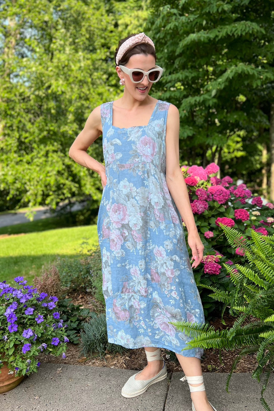 Italian Garden Floral Linen Dress