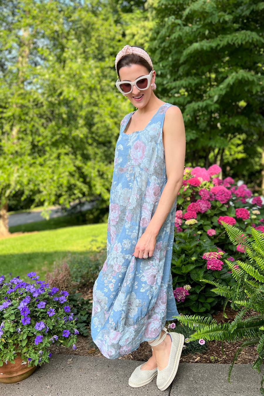 Italian Garden Floral Linen Dress