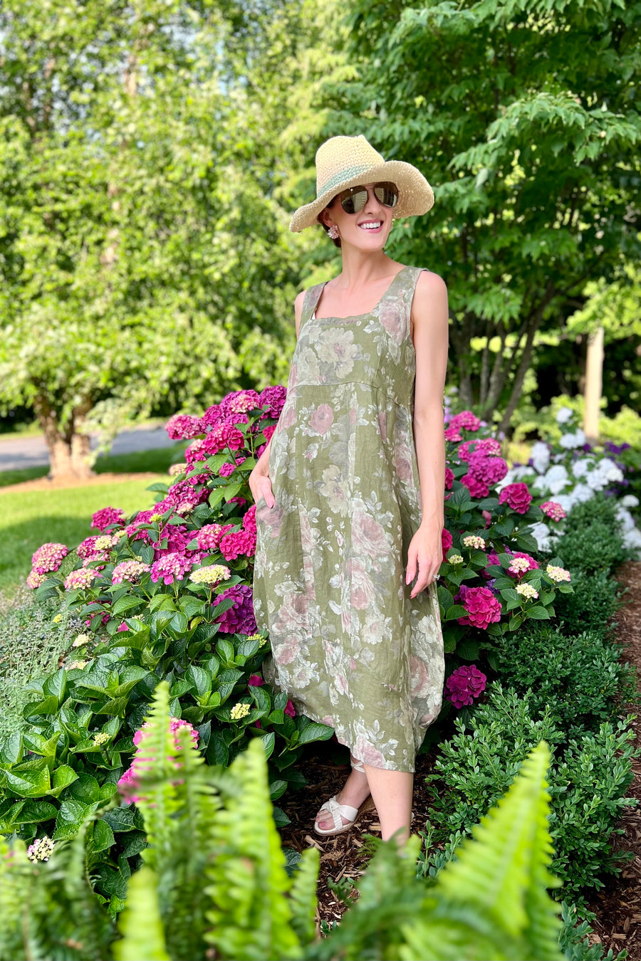 Italian Garden Floral Linen Dress