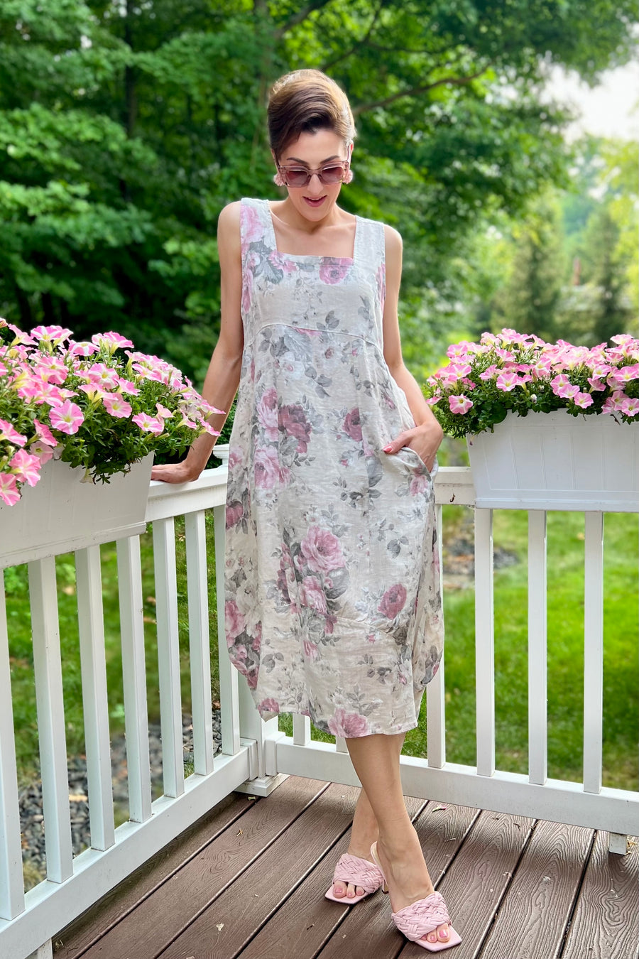 Italian Garden Floral Linen Dress