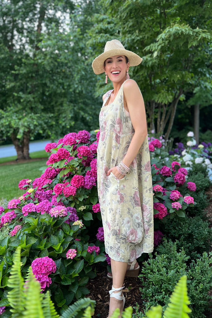 Italian Garden Floral Linen Dress