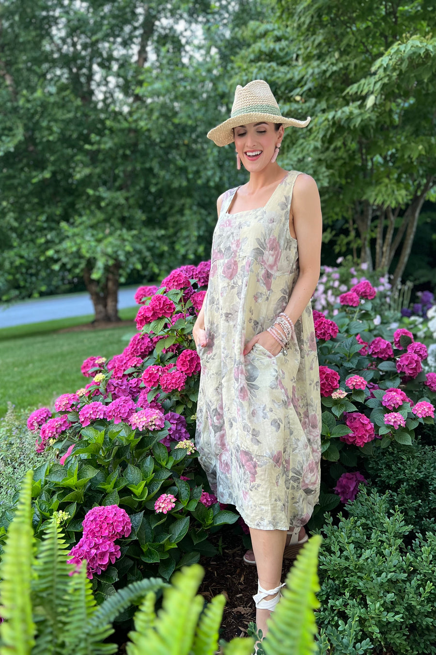 Italian Garden Floral Linen Dress