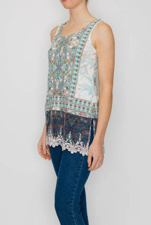 Printed Layering Tank w/Lace Hem