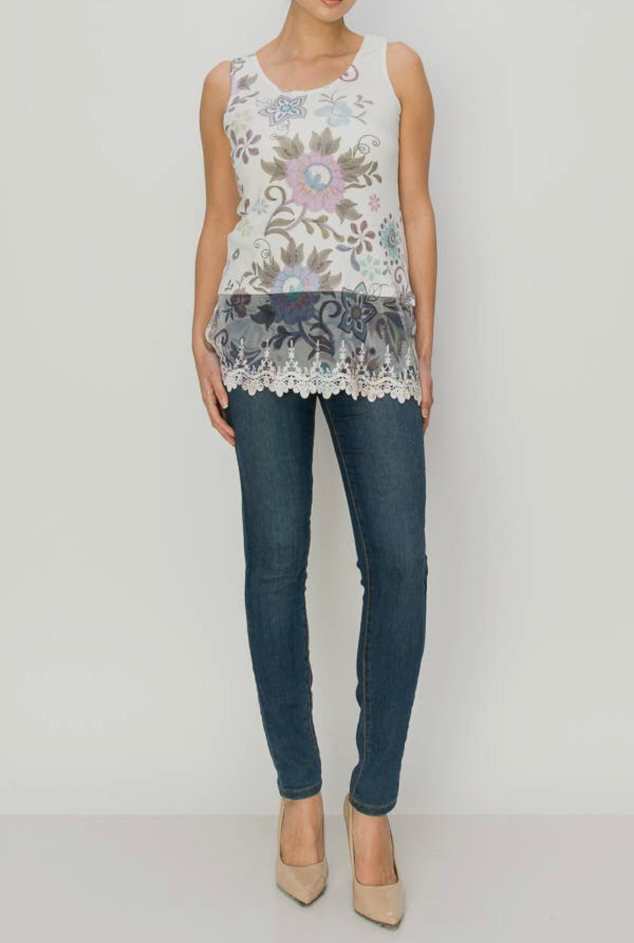 Printed Layering Tank w/Lace Hem