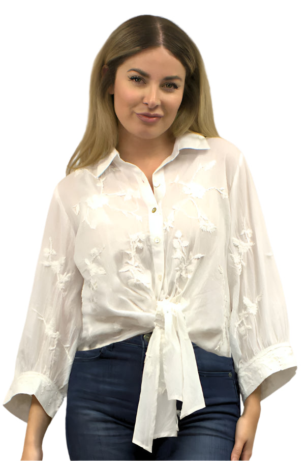 Embroidered Charm Tie Blouse
