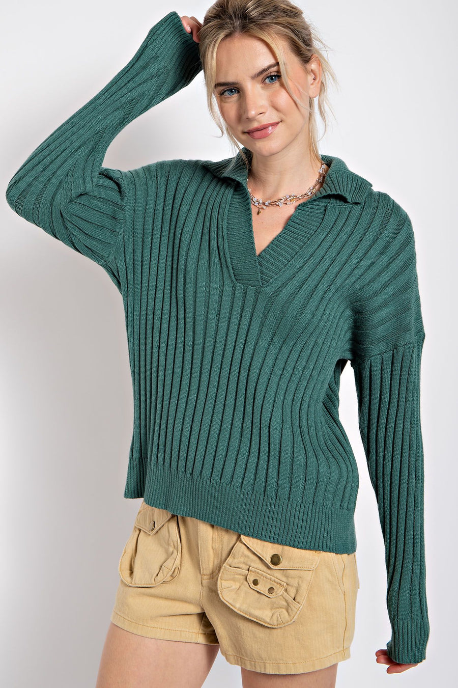 Long Sleeve Collar Rib Knitted Sweater