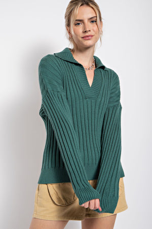 Long Sleeve Collar Rib Knitted Sweater