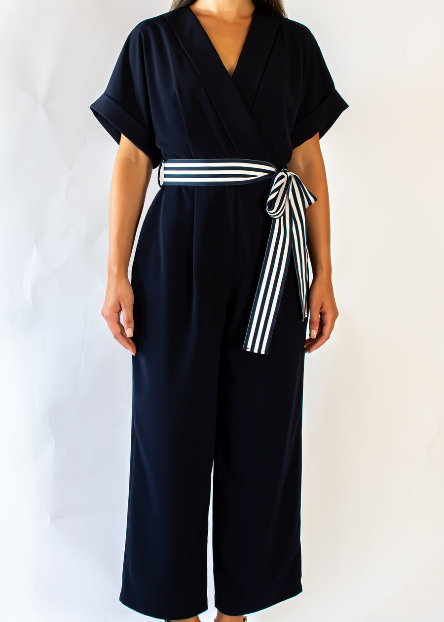 Nautical Short Sleeve Jumpsuit with Tie Waist