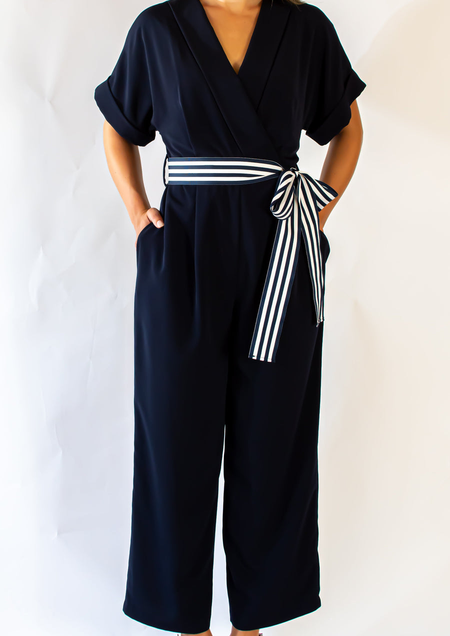 Nautical Short Sleeve Jumpsuit with Tie Waist