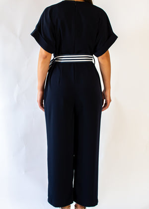 Nautical Short Sleeve Jumpsuit with Tie Waist