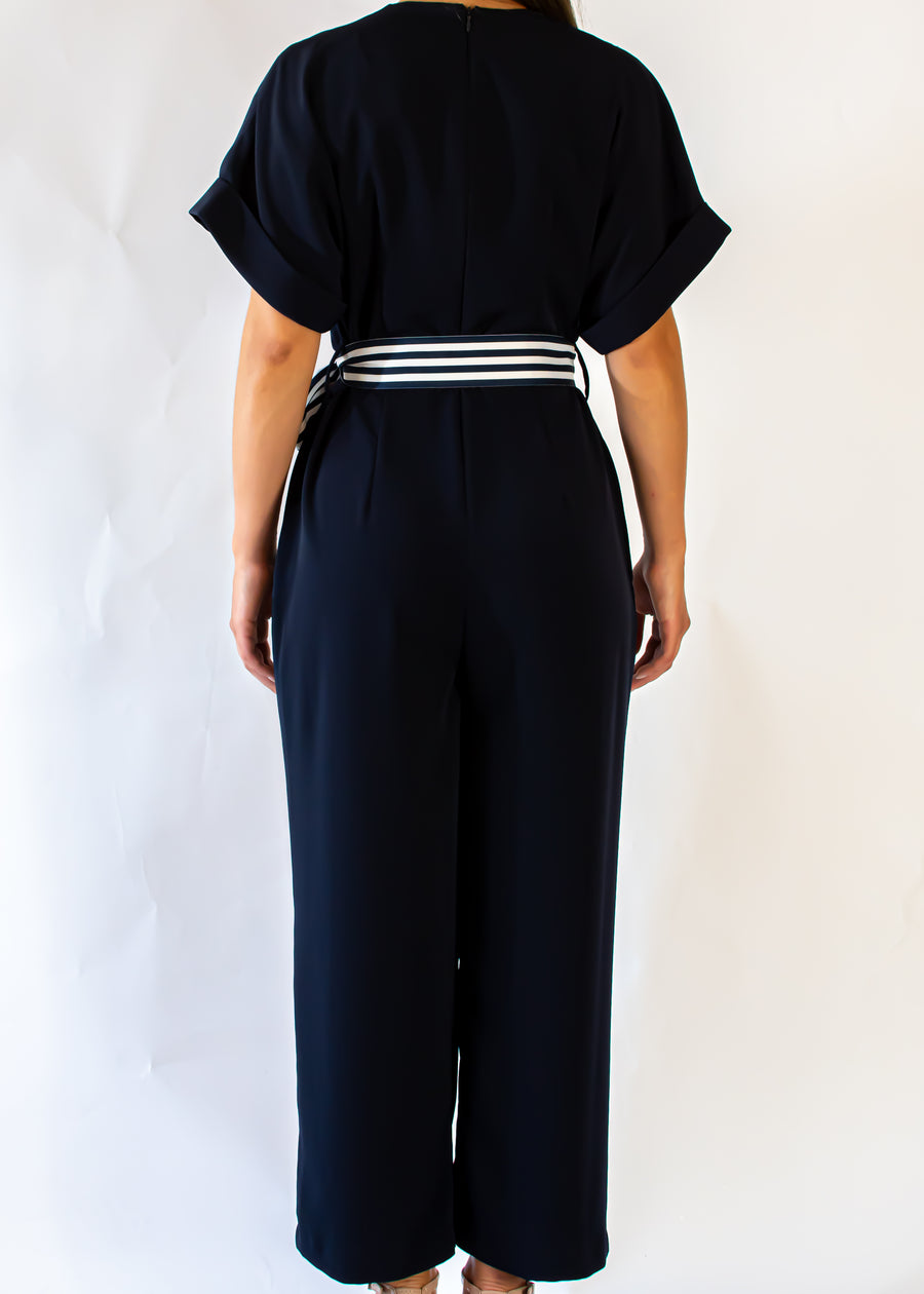 Nautical Short Sleeve Jumpsuit with Tie Waist