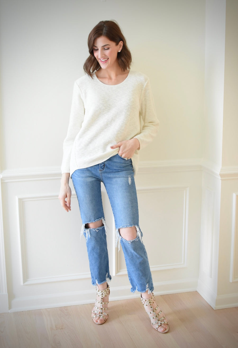 Cotton Slub Sweater w/Seam Detail