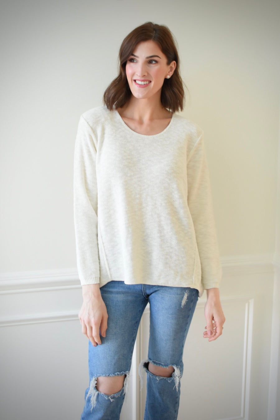 Cotton Slub Sweater w/Seam Detail