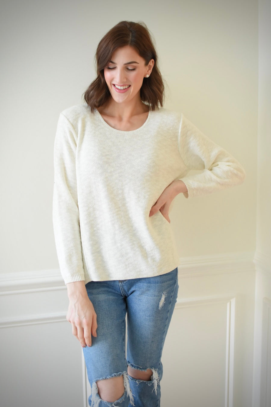Cotton Slub Sweater w/Seam Detail