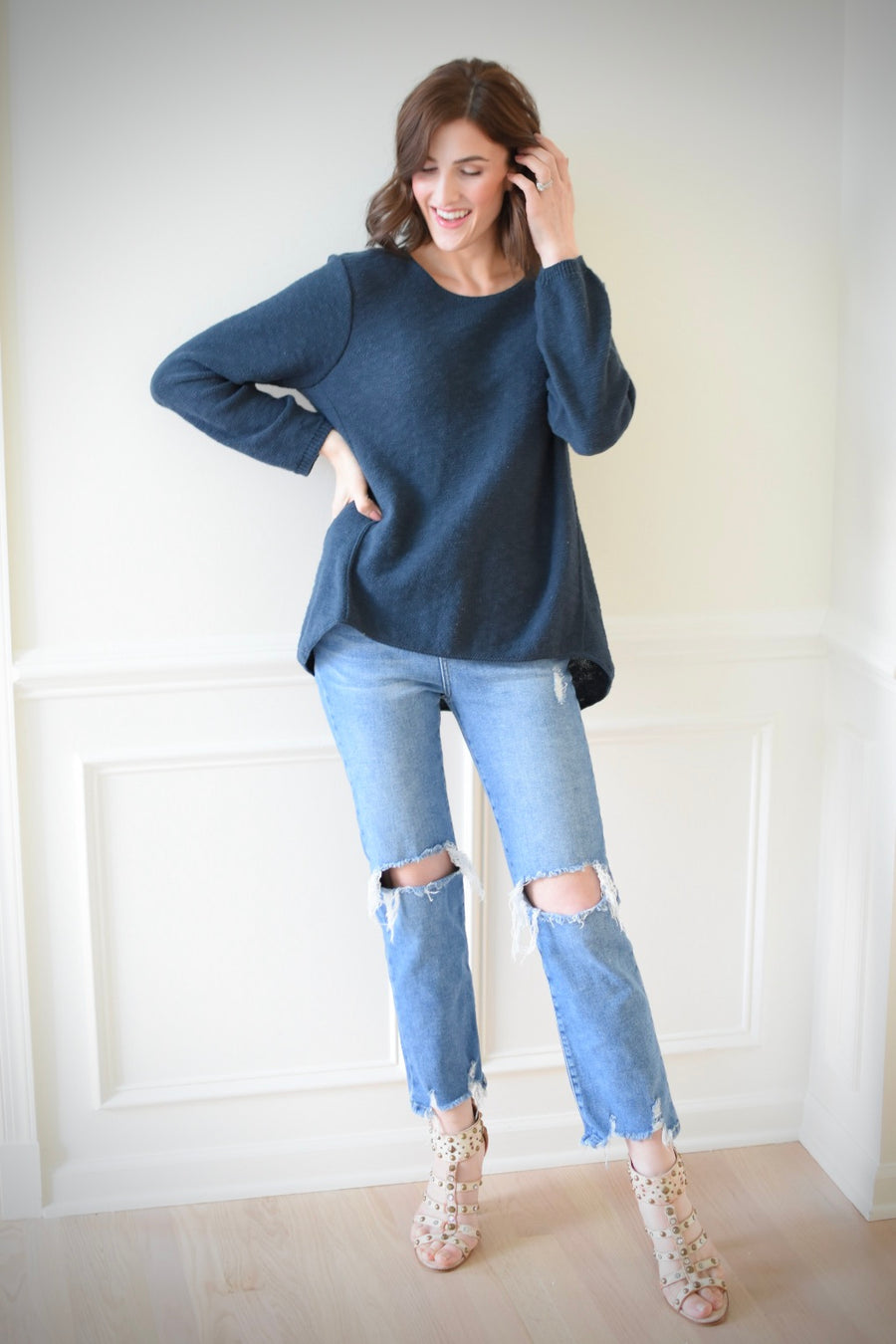 Cotton Slub Sweater w/Seam Detail