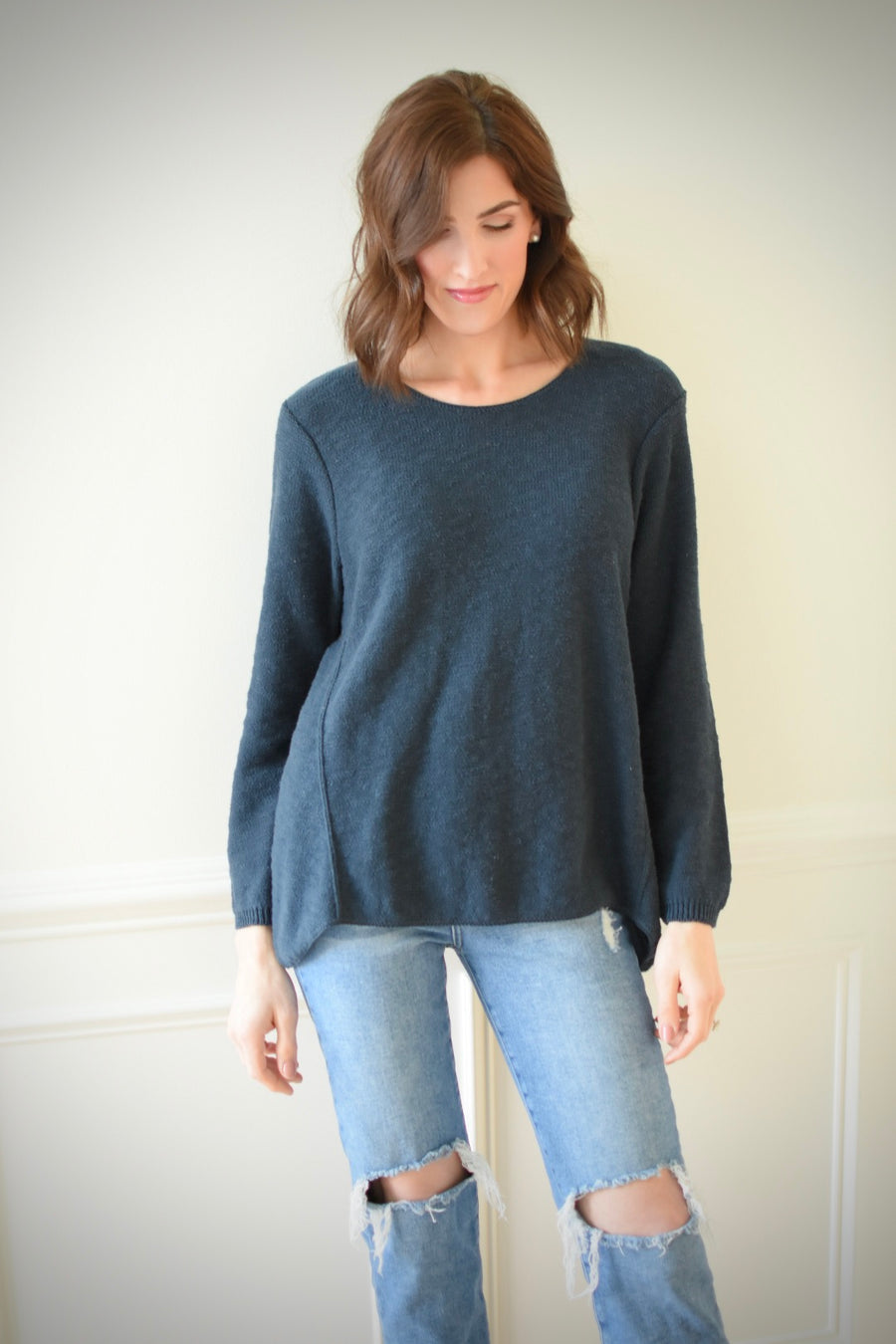 Cotton Slub Sweater w/Seam Detail