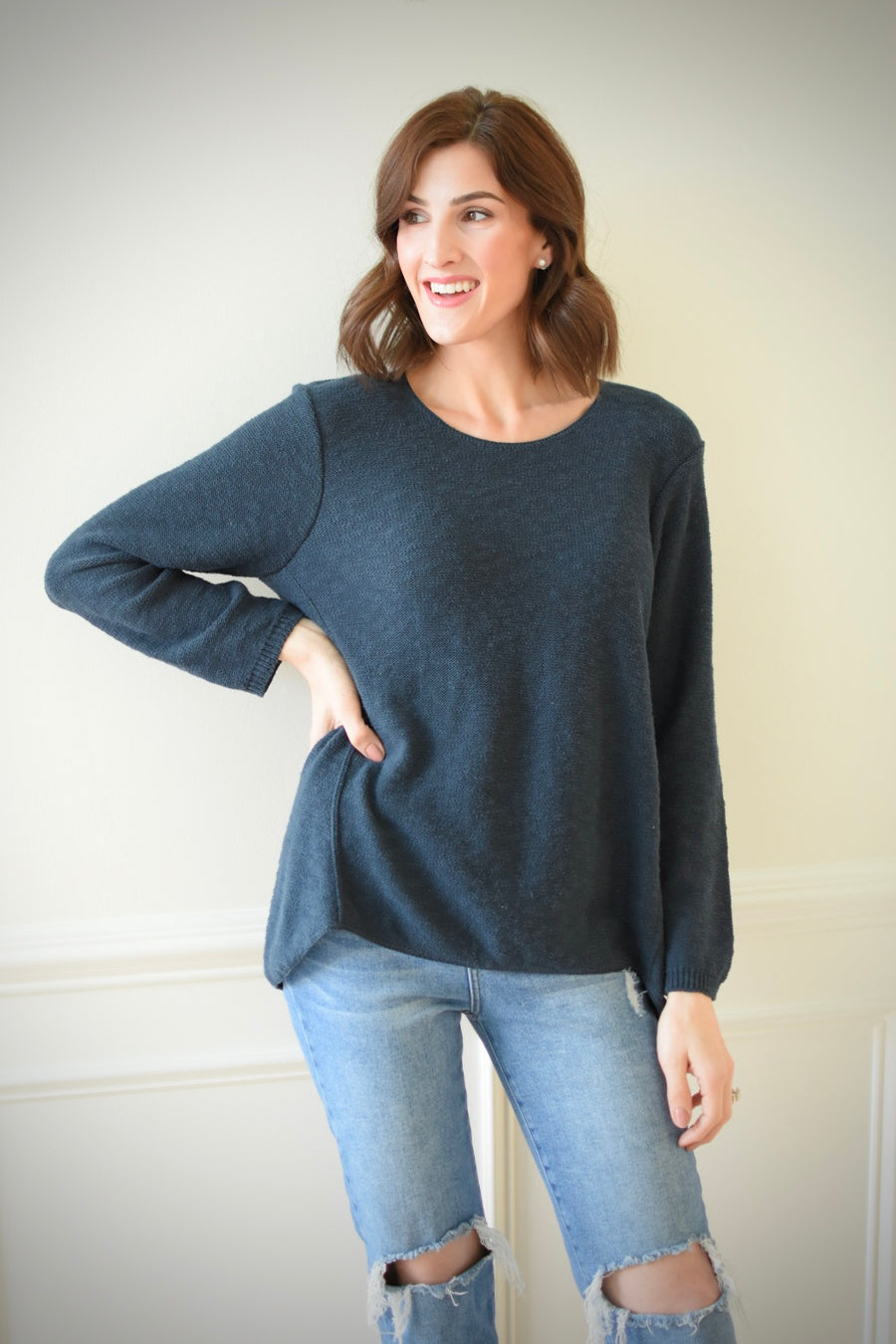 Cotton Slub Sweater w/Seam Detail