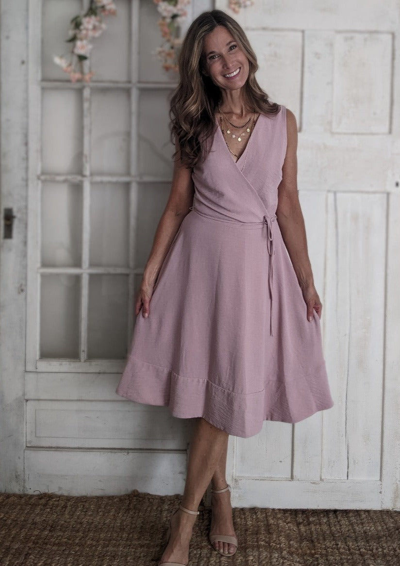 Sleeveless Surplice Wrap Dress w/ Back Pleat Red Door Boutique Sleeveless Surplice Wrap Dress w/ Back Pleat Red Door Boutique