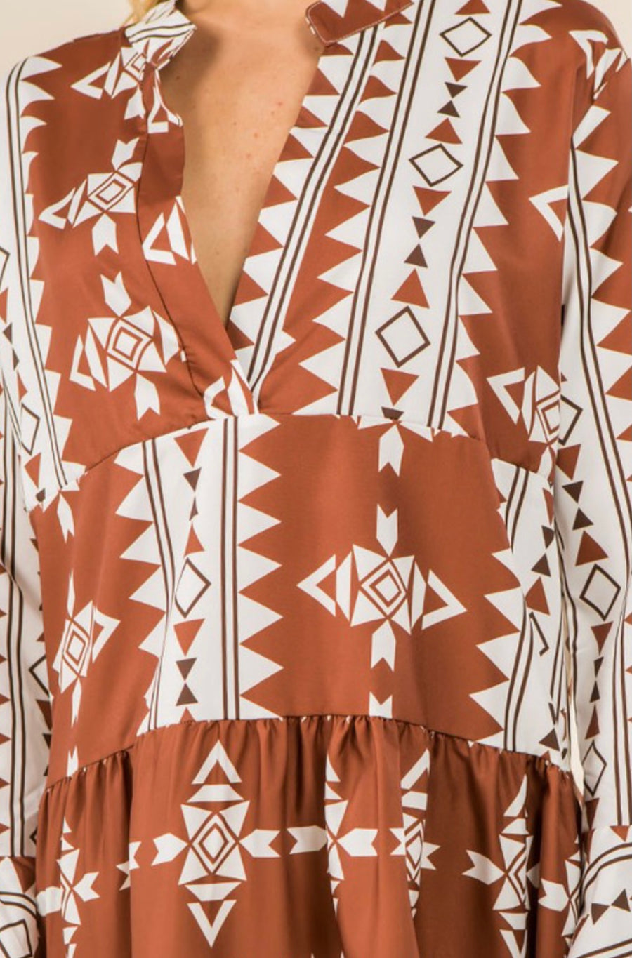 Geometric Tribal Print Notch Neck Tunic Dress