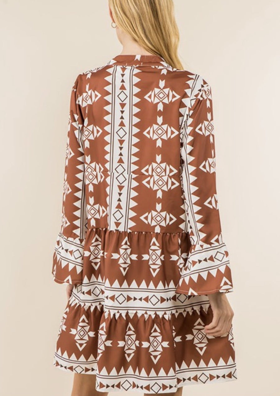 Geometric Tribal Print Notch Neck Tunic Dress