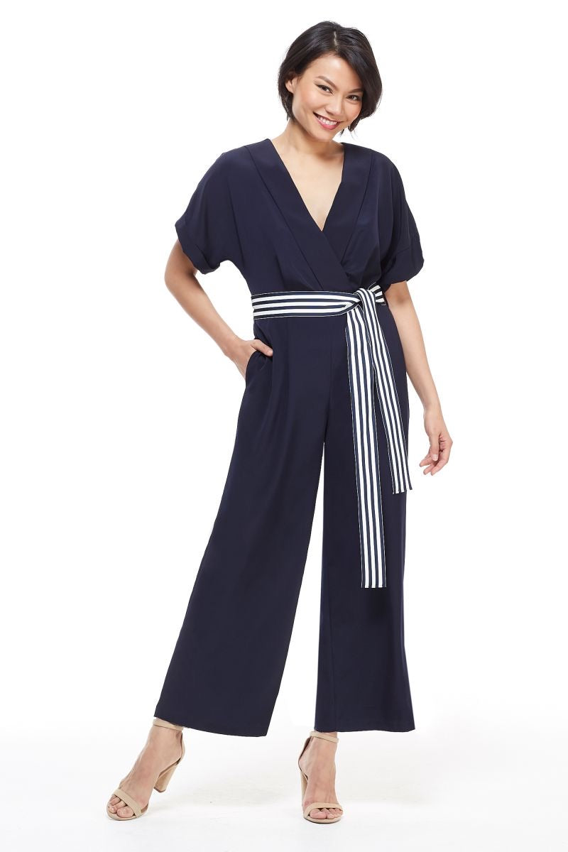 Nautical Short Sleeve Jumpsuit with Tie Waist